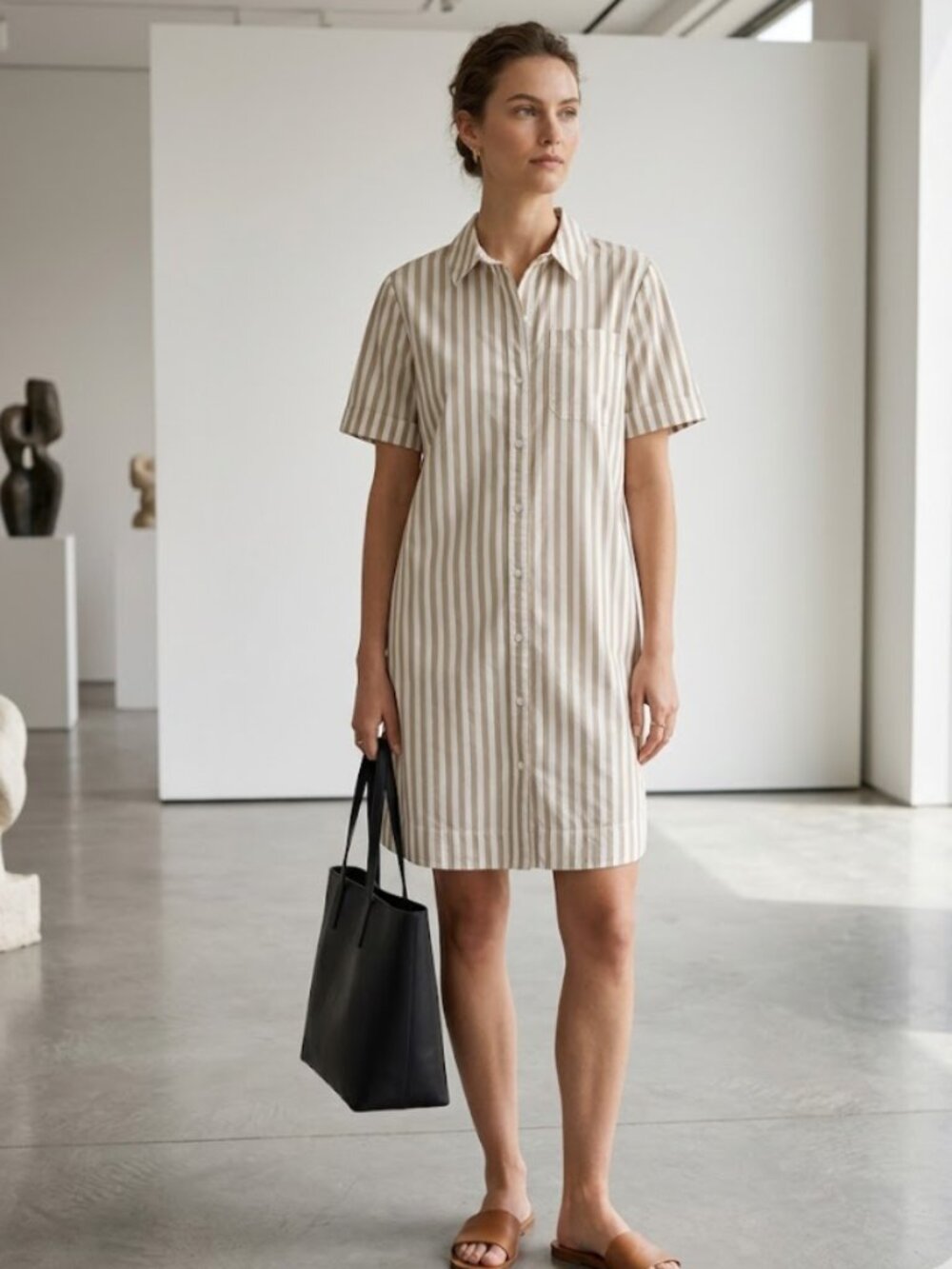 ON 34TH Vertical Stripe Button Front Cotton Shirt Dress Pockets Casual Chic M